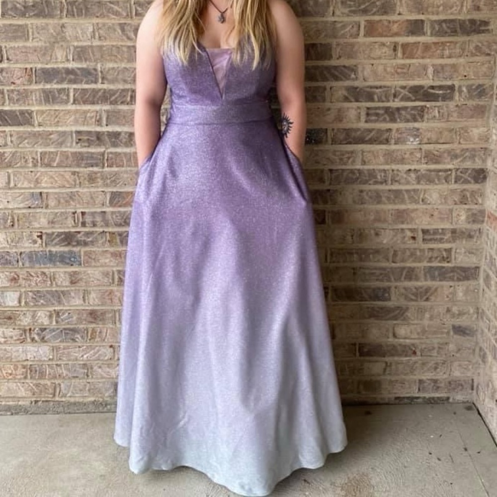 Purple and silver prom dress with POCKETS. The waist is taken down a few sizes